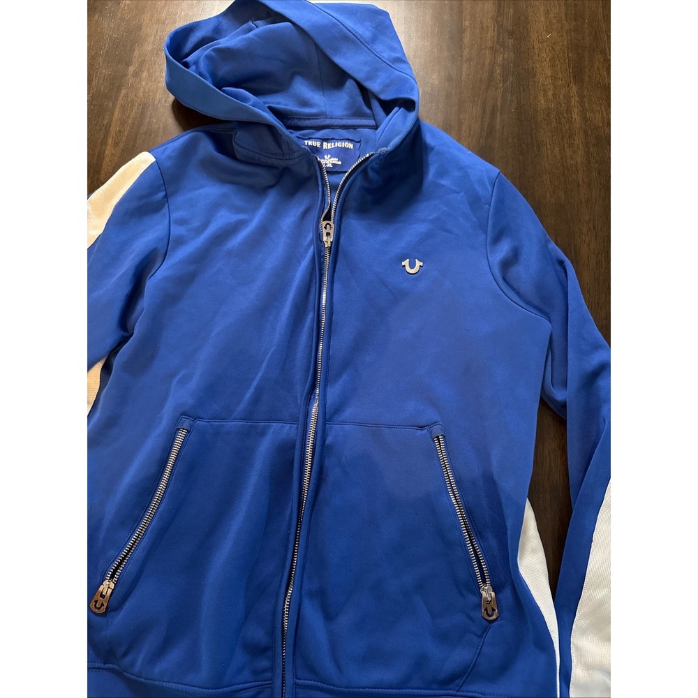 True Religion Vintage Track Jacket Mens XL Blue Gold Zip Hoodie Stripe XL-XL
